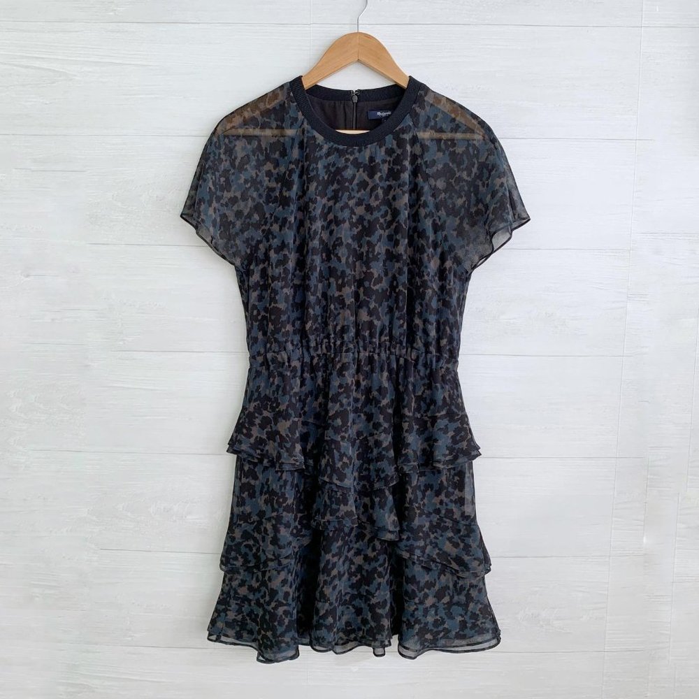 Madewell Black and Charcoal Printed Tiered Chiffon Dress